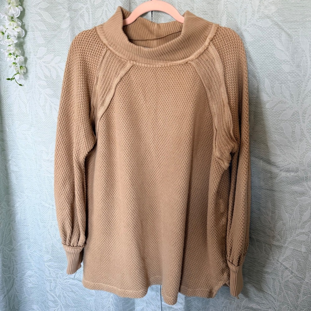 Free People Womens S Camel Tan Waffle Knit Mock Neck Thermal Top